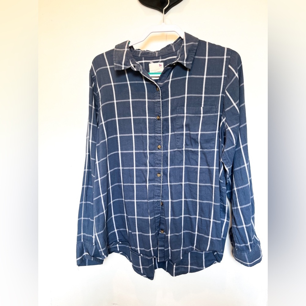 SO Blue and White Grid Pattern Women’s Button Up Shirt/Blouse